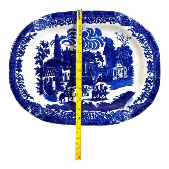 Antique Victoria Ware Ironstone Flow Blue Fox Hunting Horses Hound Platter 17" - Picture 7 of 7